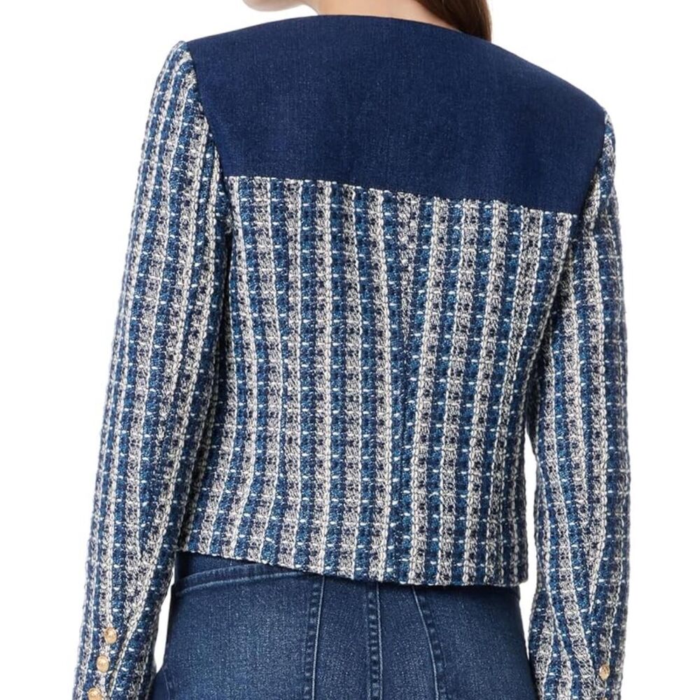 Sam Edelman NEW Blue Tweed & Denim Cropped Jacket Gold Buttons Blazer XL $169 RP - Picture 2 of 7